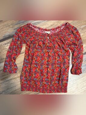 Lucky Brand Red Floral Off-Shoulder Smocked Tunic Top